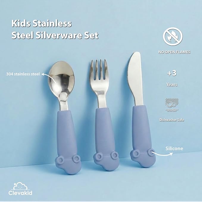 Stainless Steel Silverware Set – Silicone Handle Fork, Spoon & Knife – BPA-Free, Self-Feeding Toddler Utensils | Car Design (Blue)