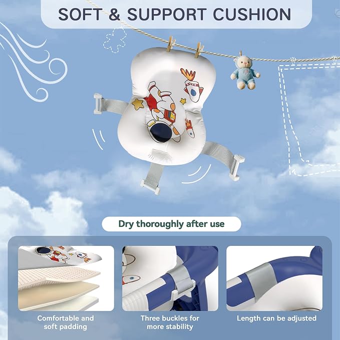 Foldable Baby Bathtub for Newborn to Toddler (0-24 Months), Portable Baby Bath Tub for Travel, Collapsible Baby Tub with Soft and Supportive Cushion (Astronaut-Blue)