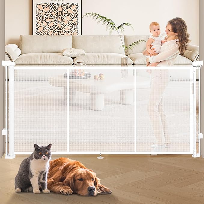 55" Retractable Baby Gate Extra Wide, 41" Tall Retractable Dog Gate for Stairs, Doorways, Decks, Mesh Gate Long Child Gate Pet Gate for Indoor, Outdoor, with Reinforced Mesh Rods, Dual Locks