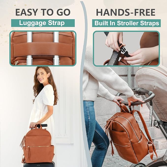 MOMINSIDE Diaper Bag Backpack with 6 Insulated Pockets, Leather Diaper Bag, Large Baby Bag for Mom, Baby Registry, 18 Pockets, Changing Pad, Stroller Straps (Brown)