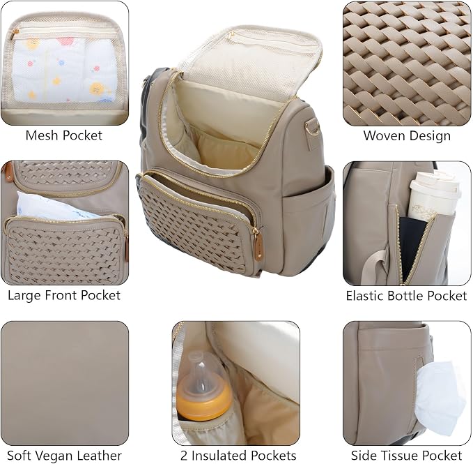 Minsong Diaper Bag Backpack, Small Diaper Backpack for Mom with Changing Station, Stylish Vegan Leather Travel Diaper Nappy Bags (Khaki)
