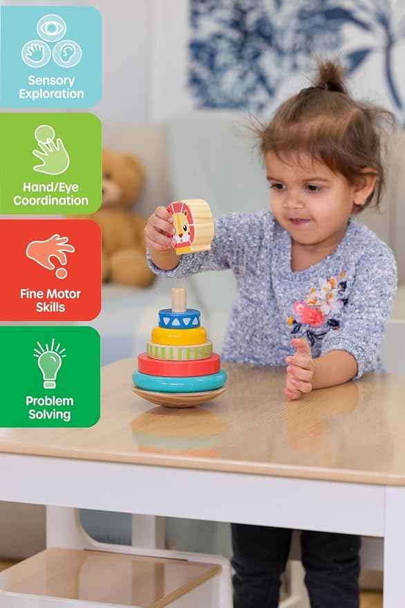 Jasey's Toy Chest Wooden Lion Stacking Rings | 7-Piece Wooden Stacker Toy with Colorful Rings & Lion Topper | Educational Toy for Toddlers Ages 12+ Months
