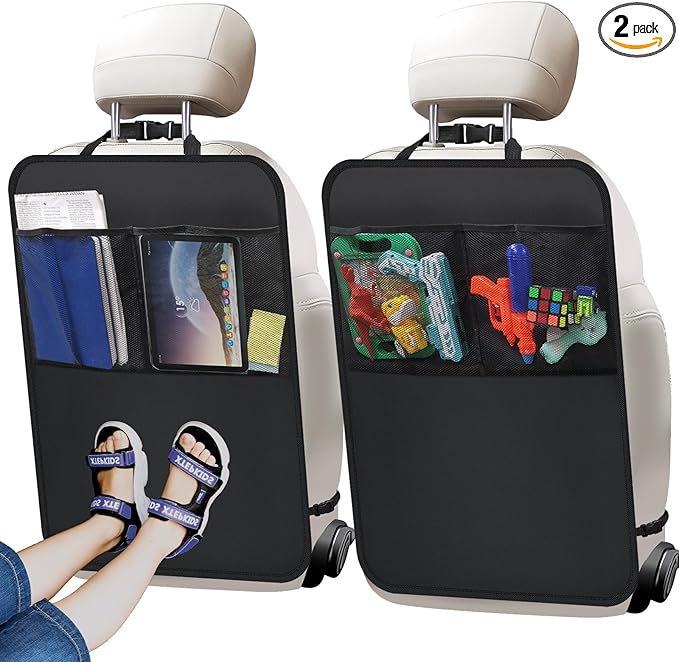 2 Pack Kick Mat Backseat Protector,Back Seat Cover for Kids,Car Seat Back Protectors with 2 Pocket Storage Organizer for Car, SUV, Minivan or Truck Seats (Black)