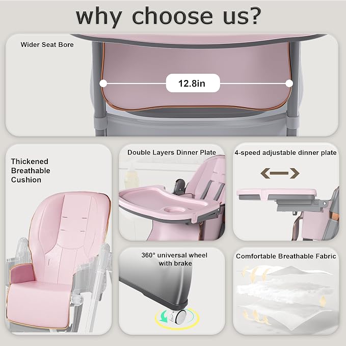 3-in-1 Foldable High Chair for Babies & Toddlers, Adjustable Height, Reclining Seat, Wheels with Safety Locks, Removable Tray, Space-Saving Multifunctional Baby Dining Chair (Pink)