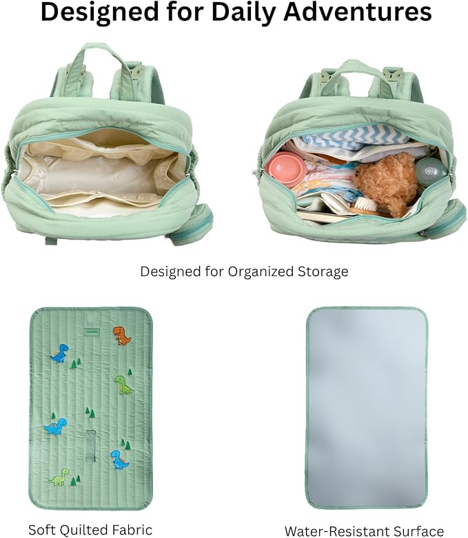 GOBABYMART Large Diaper Bag Backpack with Changing Pad, Insulated Bottle Pockets, Travel & Hospital Bag for Mom & Dad (Large - Green Dinosaurs)