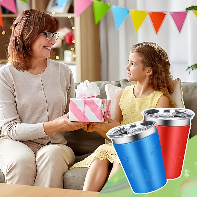 ShineMe Stainless Steel Cups for Kids, 2 pack Kids Cups with Lids and Cute Space Character Sleeves, 12oz No Spill Cups for Toddlers Reusable & Unbreakable