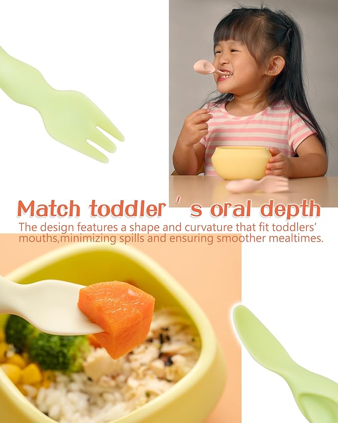 Toddler Utensils Set Ergonomic Fork and Spoon and Bowl Set Non-Slip Design for baby 1-4 Year Olds Self-Feeding BPA Free Silicone Microwave and Dishwasher Safe Fine Motor Skills (Purple)