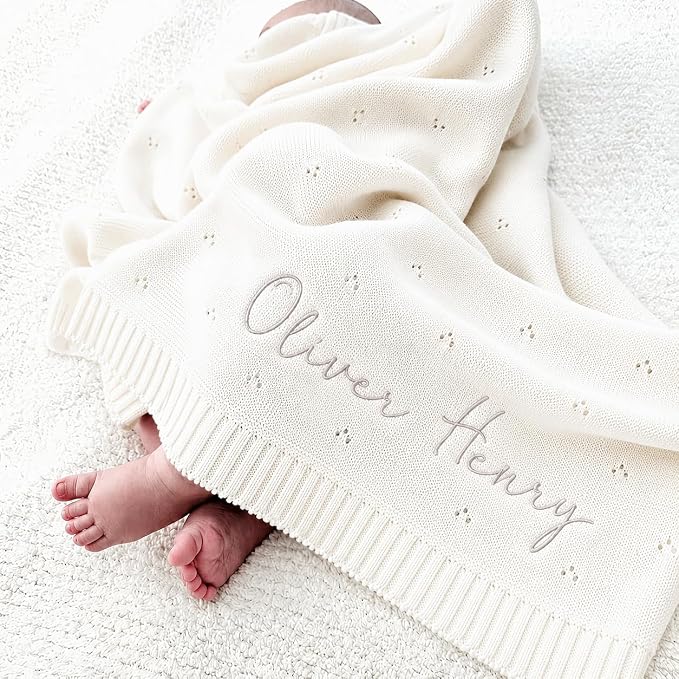 Personalized Baby Knit Blanket Custom Embroidered Cotton Blanket for Newborns Nursery Essentials, Stroller Cover, Holiday, Thoughtful Keepsake for New Parents,