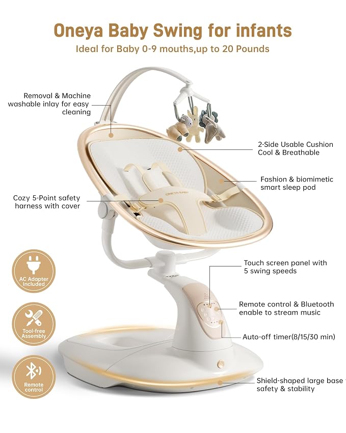 Baby Swing for Infants to Toddler, Electric Baby Swing with Sturdy Shield-Shaped Base, 180° Rotation Portable Infant Swing with 5 Speeds & 12 Lullabies for Newborn Baby Boy Girl Up to 20 lbs, White