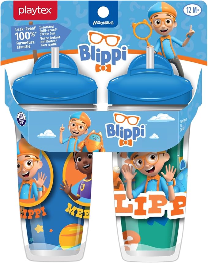 Playtex Baby Sipsters Straw Sippy Cup for 12+ Months, 9 Ounce (2 Count), Blue Blippi Design, Insulated Toddler Water Bottle for Kids, Spill-Proof Cups for Toddlers 1-3, Stage 3