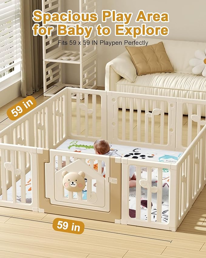 TINYHARBO Premium Foam Baby Play Mat 59" x 59" ??Removable & Machine Washable Cover, Extra Thick Padding Playpen Mat, Non-Slip Crawling Mat, Easy to Clean for Infants, Toddlers & Babies