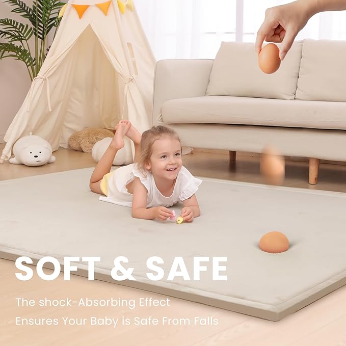 Baby Play Mat for Floor,1.3" Thick Elasti Foam Tummy Time Mat,Soft Coral Velvet Nursery Rug,79"×118" Extra Large Non Slip for Crawling,Toddlers,Infants,kids,Tatami Style for Living Room,Classroom,Playroom(Beige)