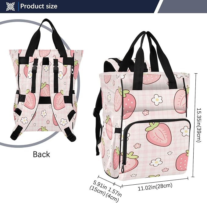 Personalized Sliced Strawberry Pink Plaid Diaper Bag Travel Large Cap Mom Dad