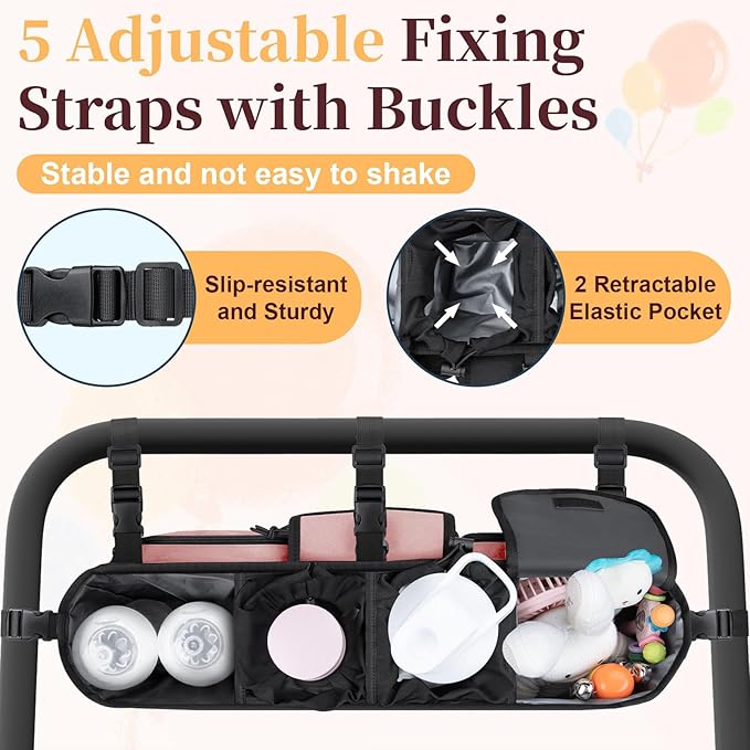 GDNasist Double Stroller Organizer Compatible with Bob Duallie and Baby Jogger City Mini GT2, Double Baby Stroller Accessories with Cooler Bag, Parent Console Double Jogging Stroller Caddy, Pink