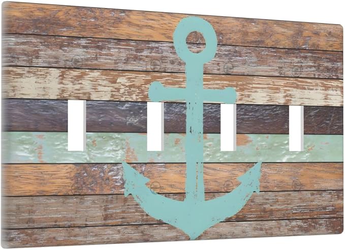 Timeworn Marine Weathered Wood Rustic Nautical Anchor Light Switch Covers Quad Toggle Electrical Faceplate 4 Gang Wall Plate Decorative Switch Plates Cover for Farmhouse Home Decor
