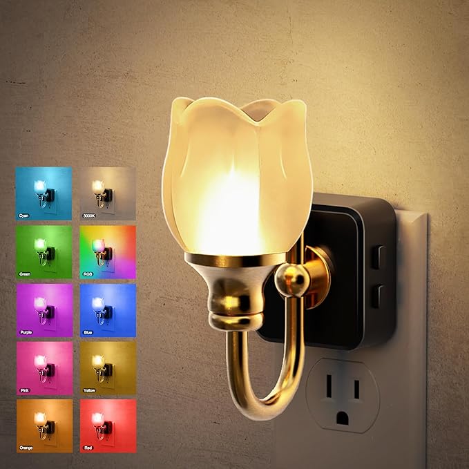 JandCase Night Light, Night Lights Plug into Wall, Glass Tulip LED Nightlight, Color Changing Dimmable Flower Nightlights, Dusk to Dawn Sensor, 180° Rotating Vintage Nite Light for Bathroom Gift Decor
