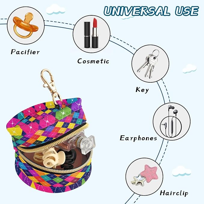 Pacifier Holder with Clip Pacifier Case for Diaper Bag Round Baby Pacifier Pouch Box Bag Portable Bright Colorful Argyle