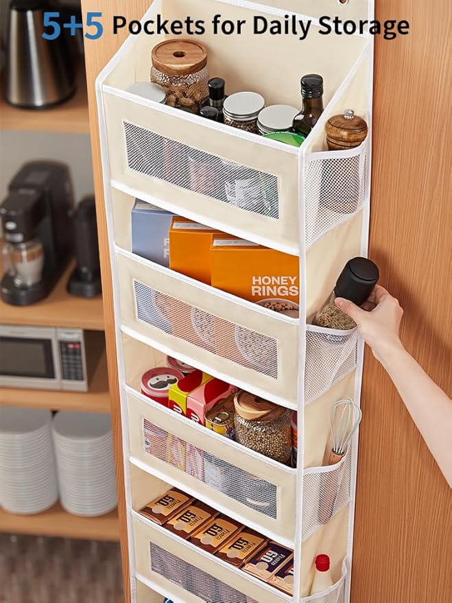 JARLINK Over The Door Organizer Storage, 5 Shelf Hanging Door Organizer with 5 Large Capacity Pockets, Anti Tilt 44 lb Load Behind Door Storage for Bedroom, Bathroom, Pantry, Nursery, (Beige)