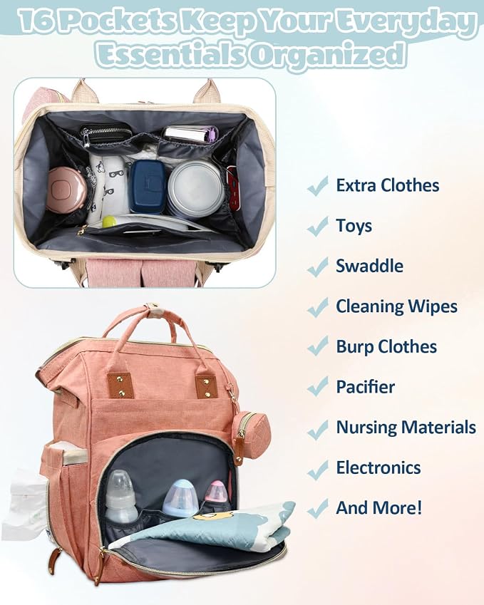 Diaper Bag with Changing Pad – Large Capacity, 15+ Pockets, USB Port, Waterproof Travel Backpack for Mom & Dad – Bonus Pacifier Case - Pink