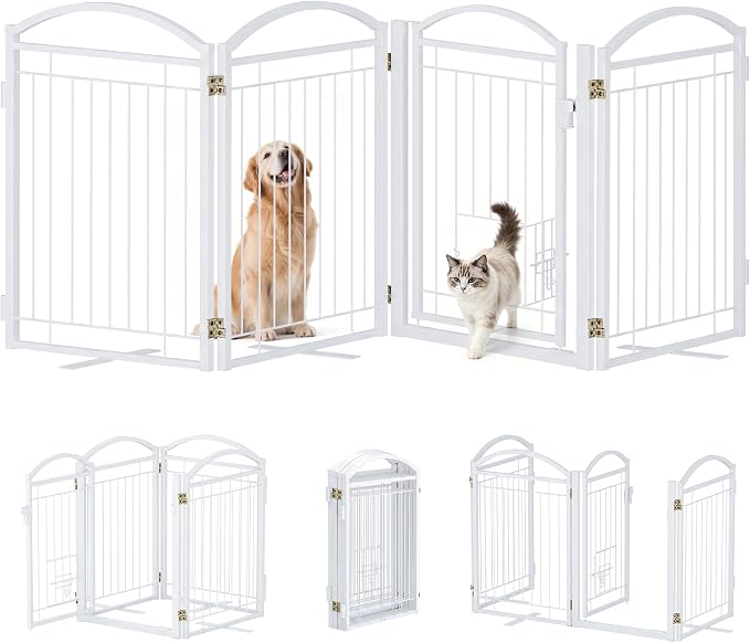 Metal Freestanding Dog Gate with Cat Door for Indoor & Outdoor,30" Tall Foldable Dog Fence,80" Extra Wide Freestanding Pet Gate for Large Openings,RV Camping,Stairs,Deck,Yard,Doorways(4 Panels,White)