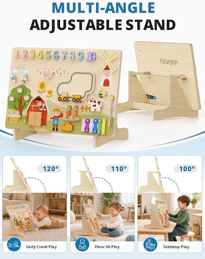 BlueWood Wooden Busy Board for Toddlers 18+ Months, 12-in-1 Montessori Philosophy Educational Toy, Activity Center Made from Basswood, No Drilling, Easy to Install & Store - Farm