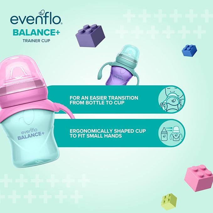 Evenflo Balance+ Trainer Cup with Ultra Soft Spout, Purple & Mint with Pink & Teal Handles, 5oz, 2 Pack, for 6+ Months