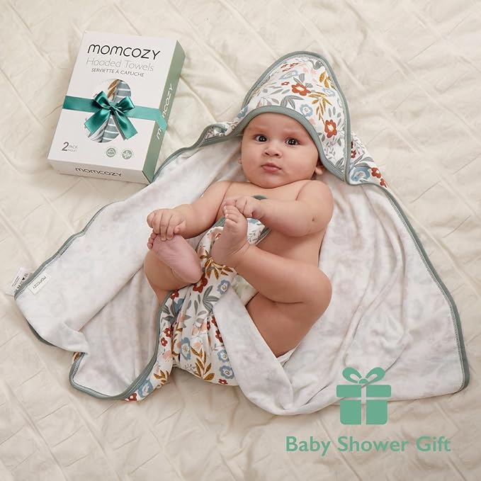 Momcozy Baby Towel with Hooded-2 Pack Soft Bath Towel Set-Shower Gifts or Bath Essential for Infant, Newborn, Toddler (35 X 35 Inch, Petite Blossom)