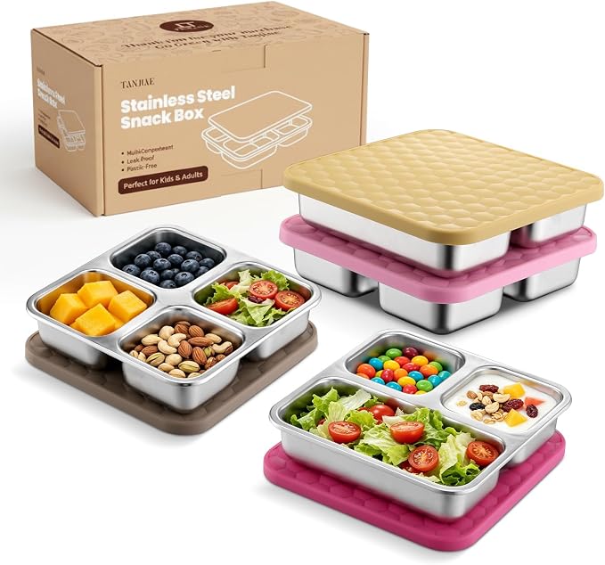 Tanjiae Stainless Steel Snack Containers with Lids, 20oz Multi-Compartment Leak Proof Small Bento Box for Kids & Toddlers - Reusable Metal Food Containers for School Lunch, Travel, Daycare