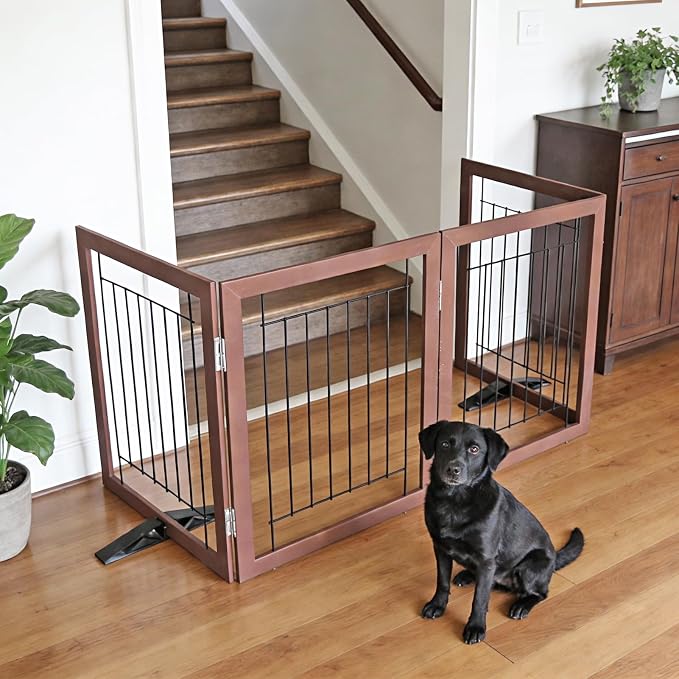Dog Fence Indoor - 3-Panel Freestanding Dog Gate for Doorways, Hallways, House or Stairs -60x32-Inch Retractable Foldable Expandable Wood Pet by SFJC (Brown)