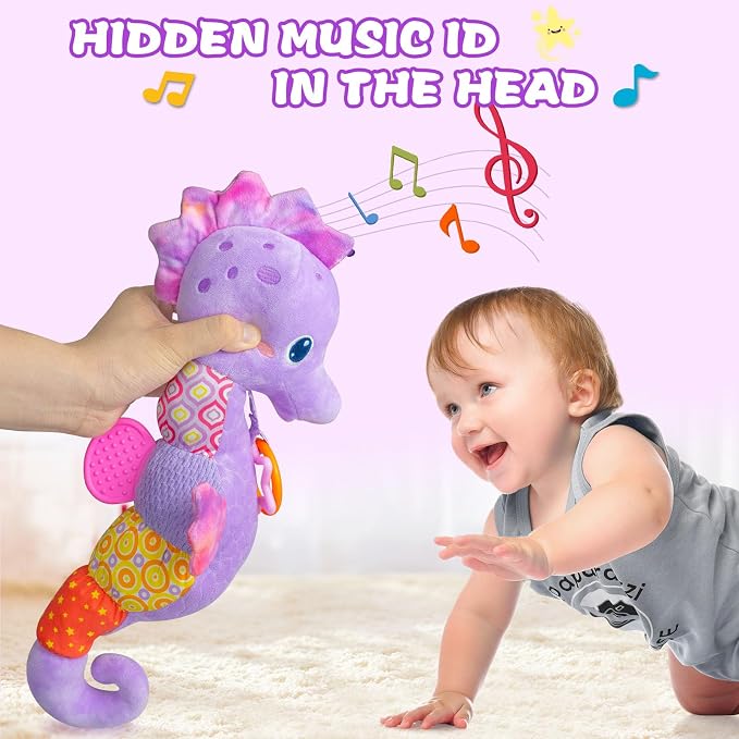 Fuzqq Baby Girl Toys 0-6 Months,Musical Stuffed Animal Plush Toy with Rattle,Soft Newborn Toy for 0 3 6 9 12 Months Girls,Baby Girl Gift,Purple