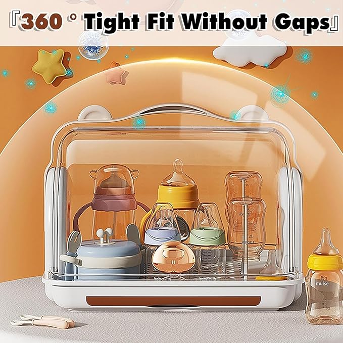 Baby Bottle Drying Rack Storage with 3 Brush, Nursing Bottle Storage Box Organizer with Cover, Portable Kitchen Cabinet Organizer, Durable countertop Dryer (Orange)