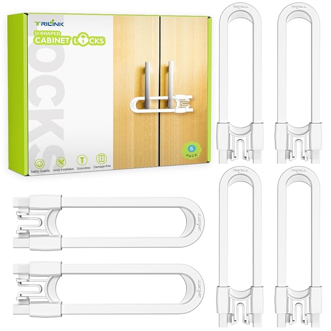 6 Pack Adjustable Cabinet Locks for Babies, U-Shaped Baby Proofing Child Locks for Kids Toddlers Safety, Sliding Door latches for Cabinets, Drawer, Closet, Fridge, Door Knob Handle, Kitchen Home Safe