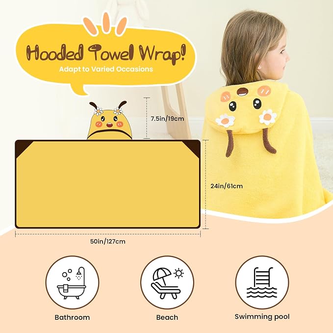 Style Quarters Yellow Bee Hooded Towel for Kids – Soft Cotton, Embroidered, Absorbent Baby Bath Towel – Quick Dry, Lightweight – 50x30 Inches – Perfect for Toddlers & Children