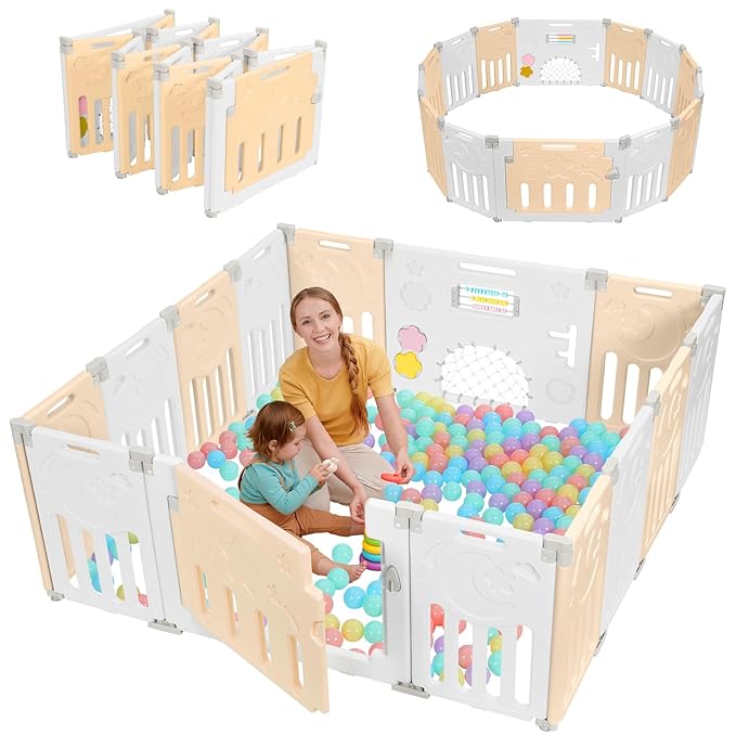 Baby Playpen, Dripex Baby Playard for Babies and Toddlers, 14-Panel Foldable Playpen Adjustable Portable Play Area, Indoor/Outdoor Kids Active Center with Game Panel & Safety Gate, Yellow White