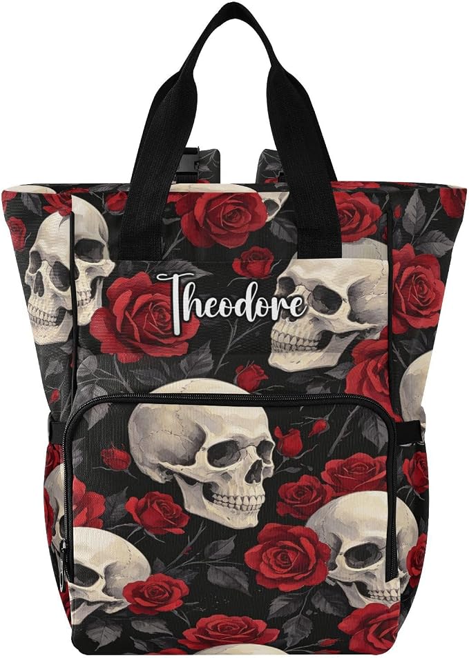 Personalized Watercolor Red Rose Skull Diaper Bag Insul Pockets Mom Dad