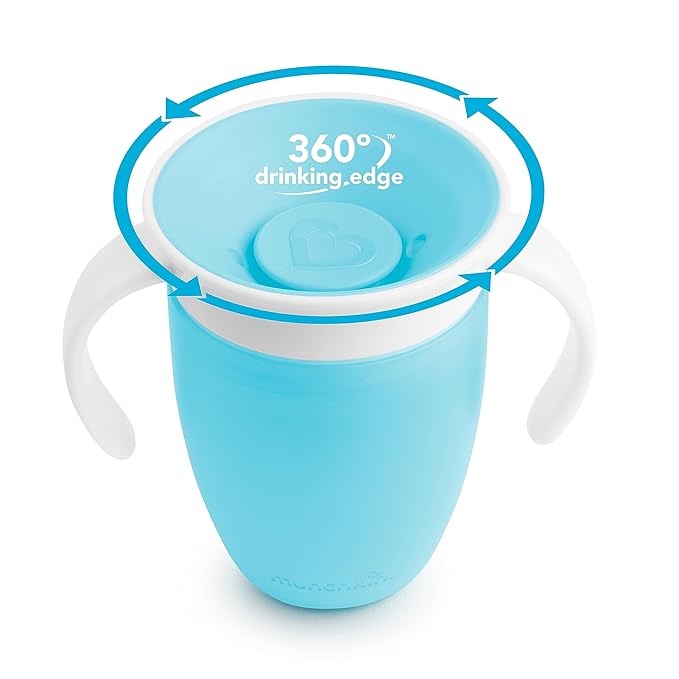 Munchkin Sippy Cup for 6 Month Old and Up, Spill Proof Miracle 360 Toddler Cups with Transition Handles, 7 Ounce, 2 Pack, Blue/Green