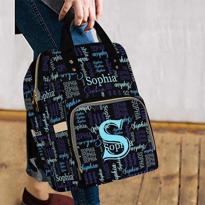 Artsadd Custom Monogram Baby Backpack for Mom Gifts, Personalized Blue and Black Diaper Backpack with Stroller Straps Large Capacity Nappy Bag for Baby Shower Birthday