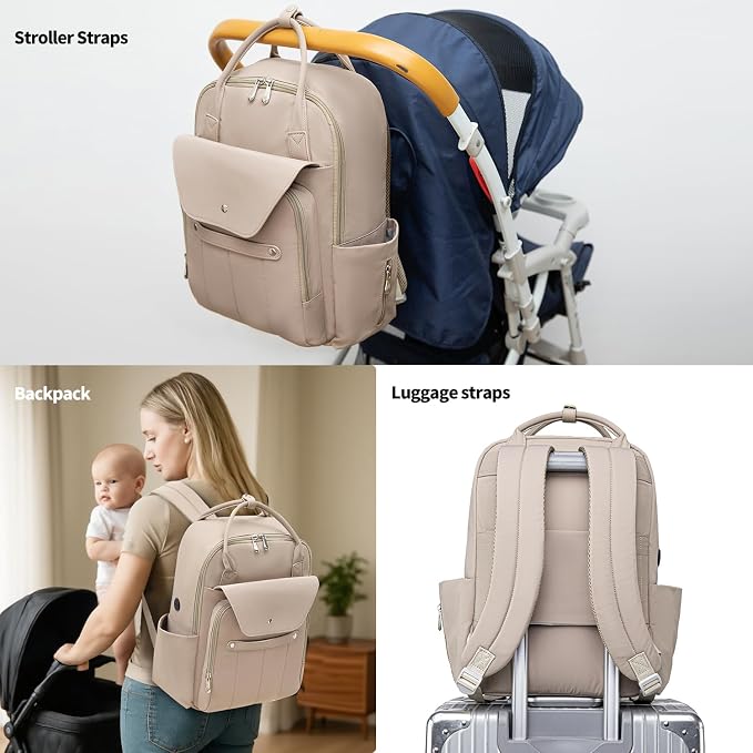Baby Diaper Bag Backpack with Laptop Compartment 15.6 inch, Baby Essentials Travel Baby Bag Leather Backpack