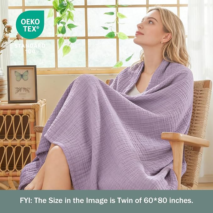 EMME Cotton Throw Blanket for Couch Soft Airy 4-Layer Muslin Bed Blankets Lightweight Breathable Blanket All Season Gauze Blanket, Lavender