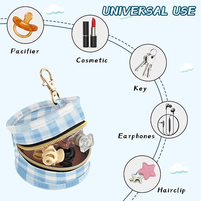 Pacifier Holder with Clip Pacifier Case for Diaper Bag Round Baby Pacifier Pouch Box Bag Portable Light Blue Gingham