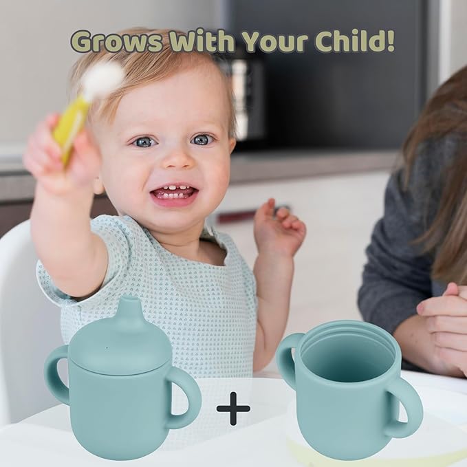 Silicone Baby Drinking Cups, Sippy Cups for 6-12 Months Toddlers - Pack of 2 Food Grade Silicone Traning Cups with Straws and Lids Grip Handle for Baby Led Weaning, 6 oz (Glacier/Plume)