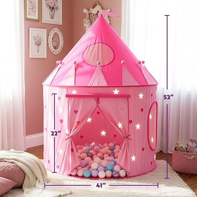 Playz Princess Castle Pop Up Tent & Dress Up Set ??Kids Pink Playhouse Tent for Girls with Glow in The Dark Stars, Foldable Indoor Outdoor Toddler or Baby Girl Tent with Carrying Case
