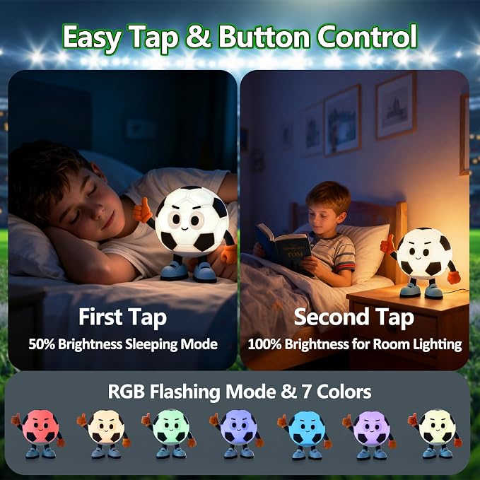 Soccer Gifts for Boys Girls, Soccer Night Light，Soft Silicone with Touch Control, 7 RGB Colors, Auto-Off, Dimmable, Rechargeable 1200mAh, Teen Kids Sports Fan Birthday Gifts (Classic)
