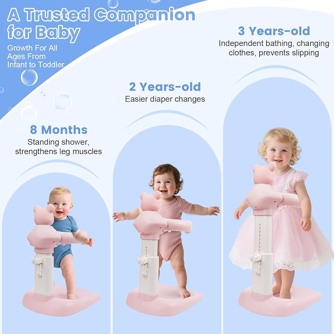 2-in-1 Adjustable Infant Baby Bath Support Set Bear Design with Little Toy Duck | Joyful Bath Time Bundle for Infants & Toddlers | Portable Bathroom Safety Non-Slip Shower Station for 6-48 Months