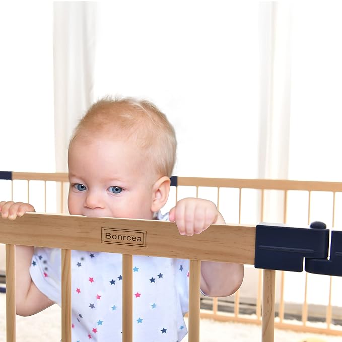 Baby Playpen,Wooden Playpen,Large Wood Adjustable Play Fence,Kid’s Play Space,Wood Baby Playard, Indoor Outdoor Blue Play are with Gate for Infants, Toddlers
