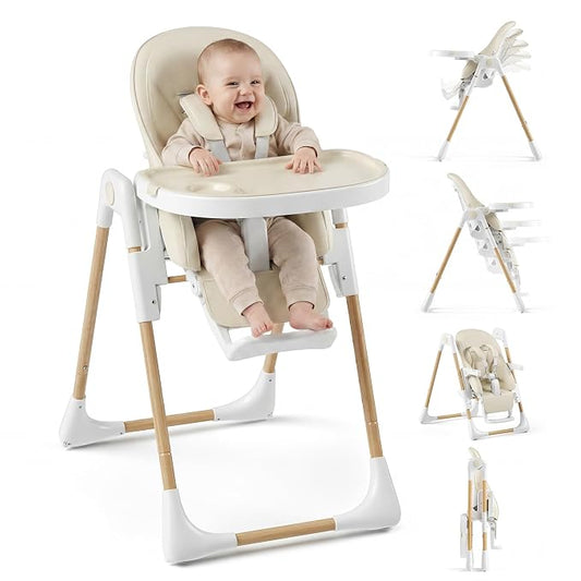 Baby High Chair, Convertible Folding Highchair with Dishwasher-Safe Tray, Adjustable Heights, 5-Point Harness, Portable Dining High Chairs for Babies and Toddlers (Wood Grain+Beige)