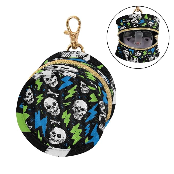 Pacifier Holder with Clip Pacifier Case for Diaper Bag Round Baby Pacifier Pouch Box Bag Portable Skull Lightning Colorful