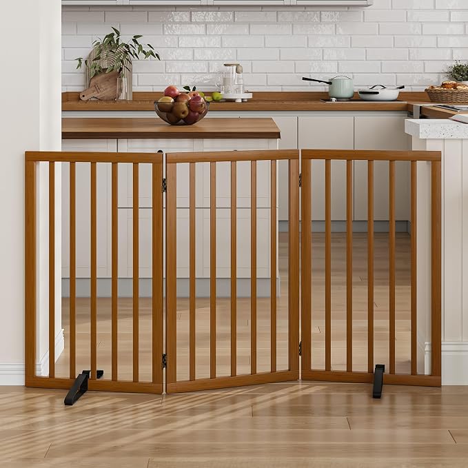 Dog Gate 32" Tall Foldable Dog Gate for Doorways Freestanding Pet Gate for Dogs Indoor (Walnut, 3 Panel)