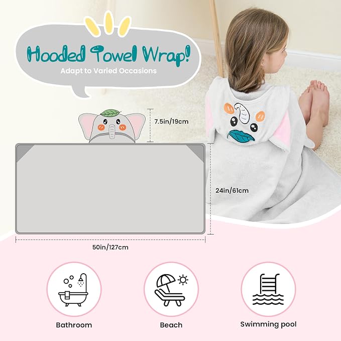 Style Quarters Gray Elephant Hooded Towel for Kids – Cute, Soft Cotton, Embroidered, Absorbent Baby Bath Towel – Quick Dry, Cozy, Lightweight – 50x30 Inches – Perfect for Toddlers & Kids