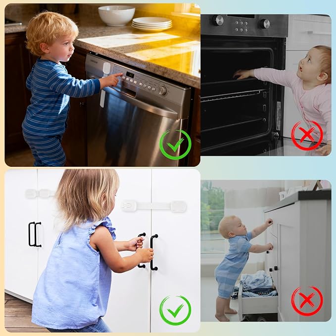12-Pack Baby Safety Locks - Refrigerator, Oven, Drawer and Cabinet Locks, 3M Adhesive, No Screws or Magnets, Adjustable Size, for Kitchen, Dining Room, Living Room, and Bathroom